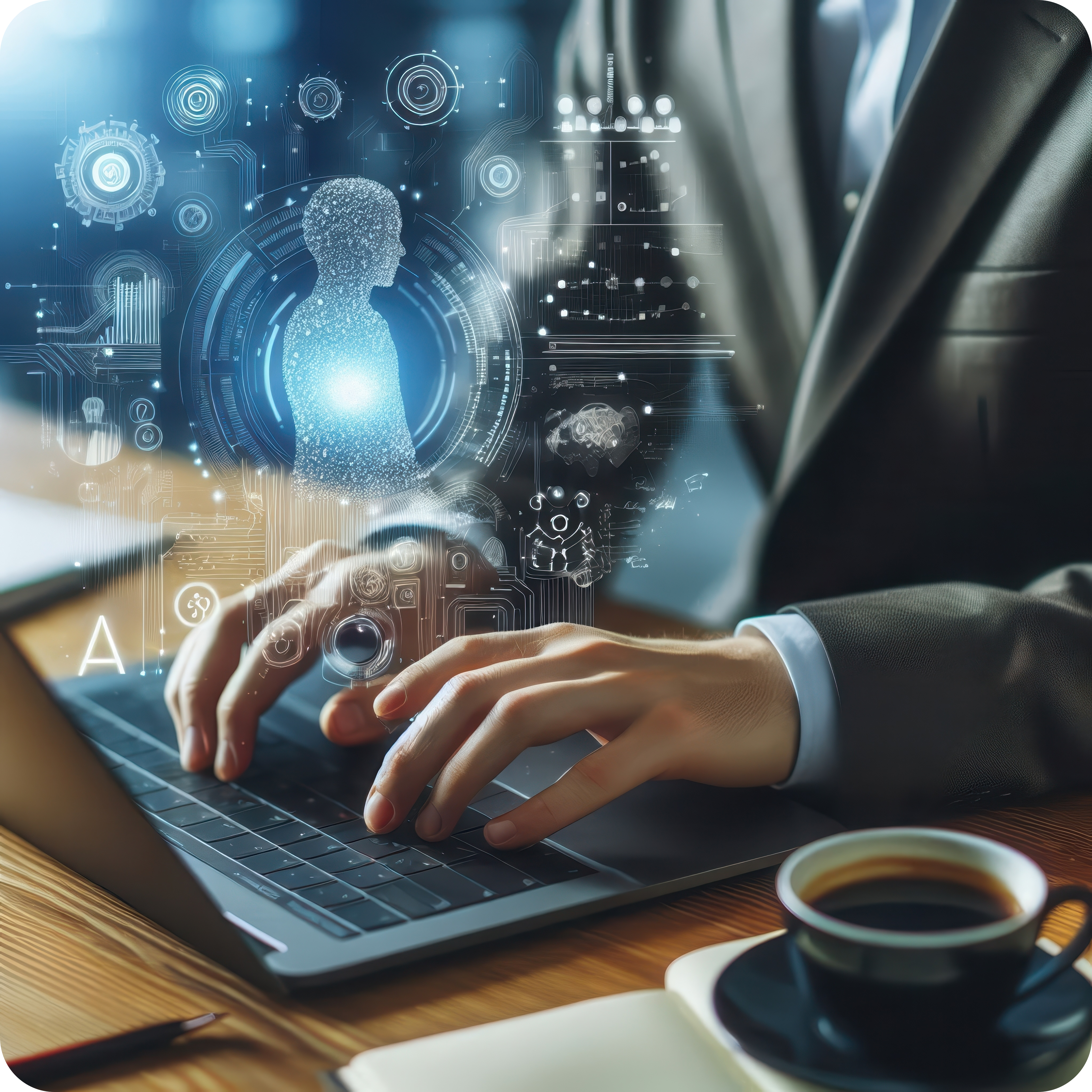 Business professionals collaborating at a table with digital interface graphics representing AI and workflow automation.